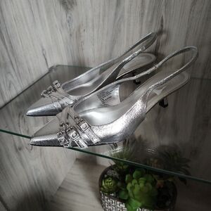 INC Silver Pointed-Toe Slingback Heels with Buckle Detail